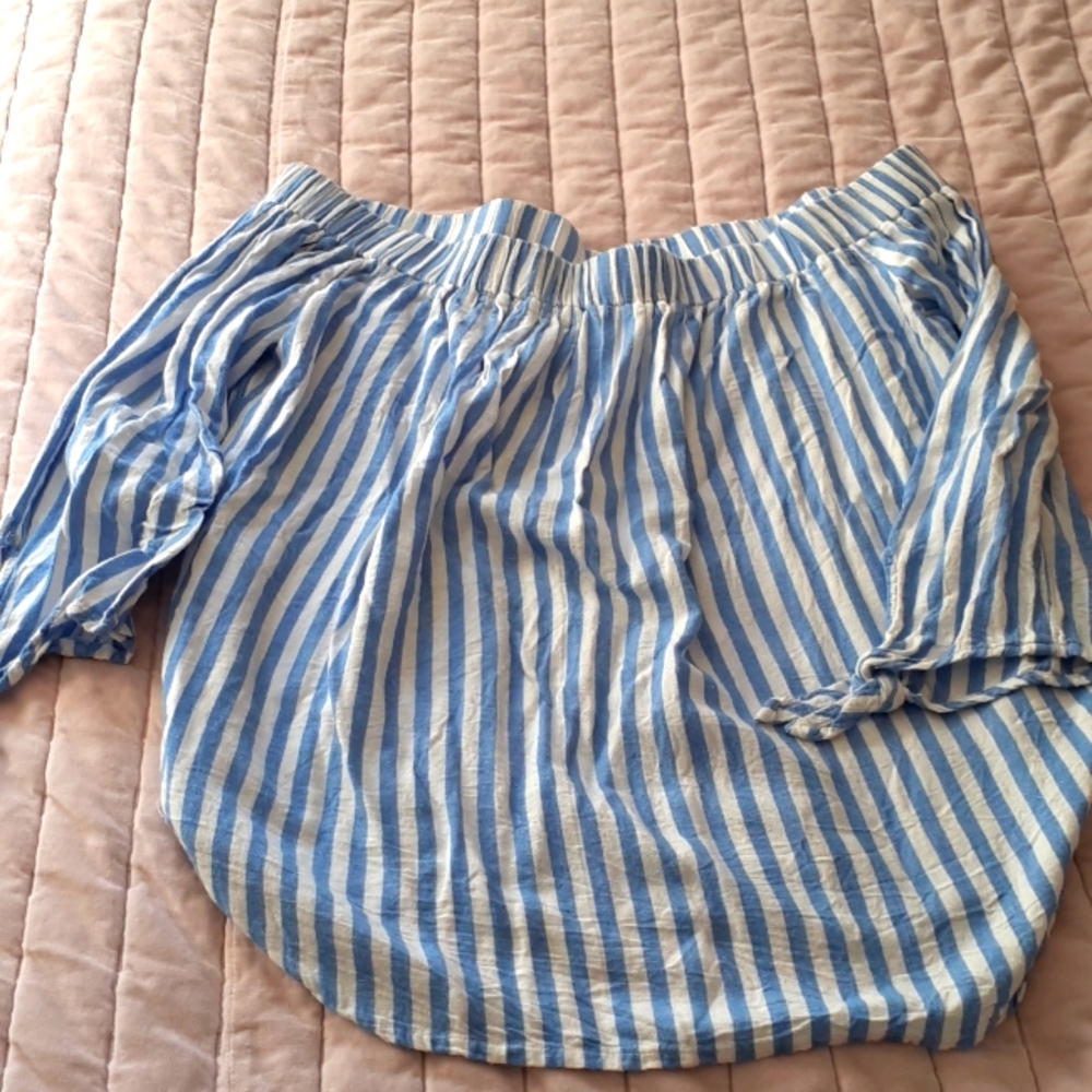 Off the shoulders bright blue and white striped blouse